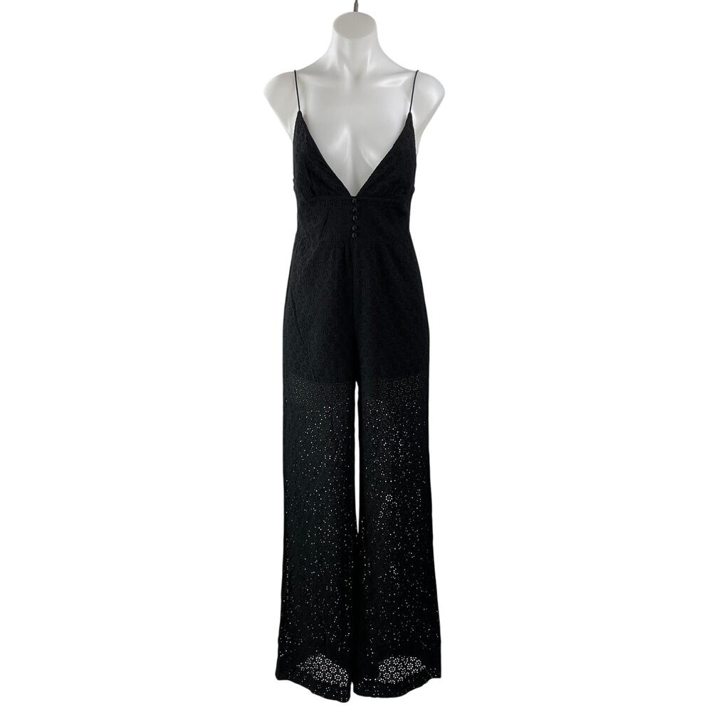Alice + Olivia Black Sleeveless Deep V Neck Embroidered Cami Wide Leg Jumpsuit S
